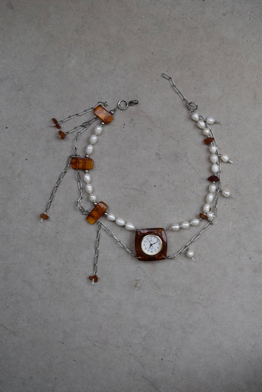 upcycled amber watch and sweetwater pearls necklace