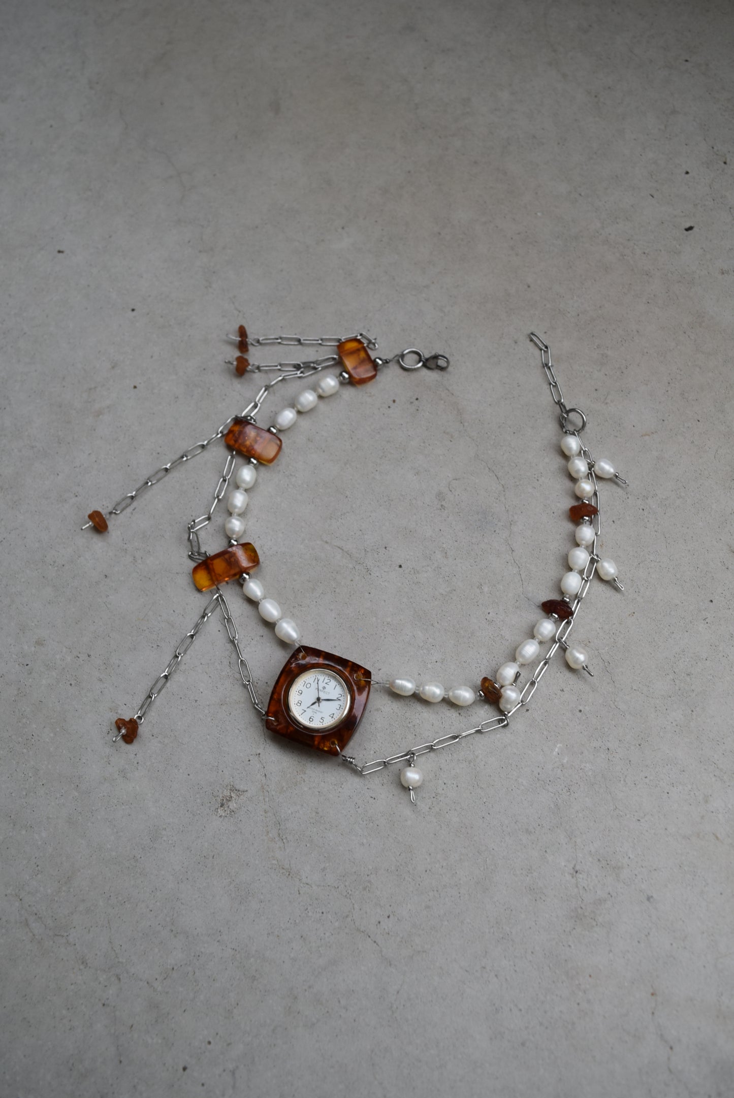 upcycled amber watch and sweetwater pearls necklace