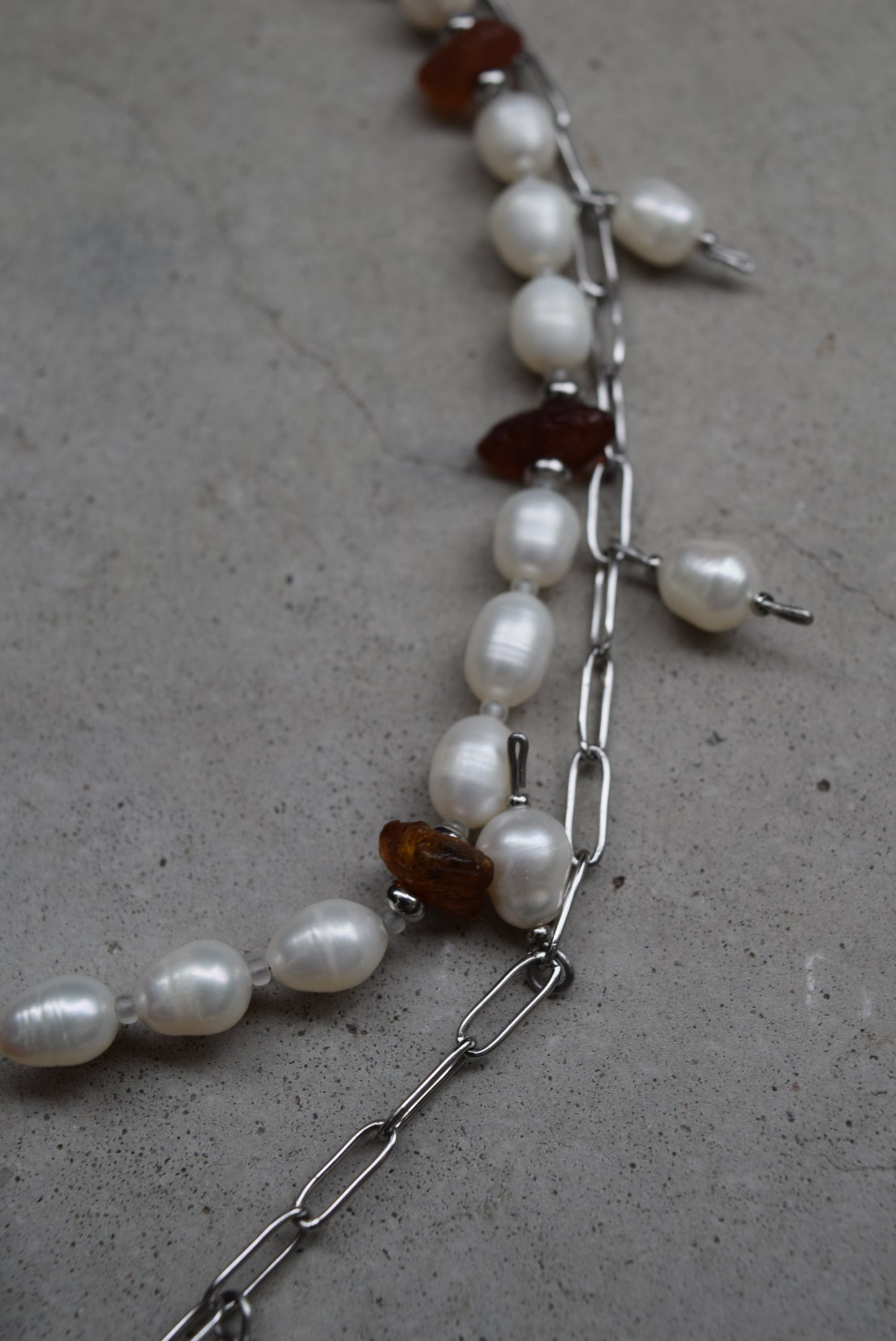 upcycled amber watch and sweetwater pearls necklace